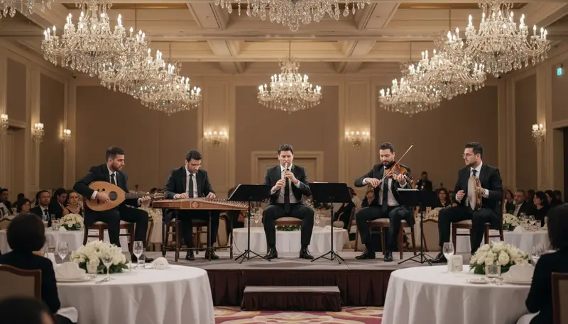 Arabic takht ensemble with oud, qanun, nay flute, violin and riq playing at a gala dinner in Dubai