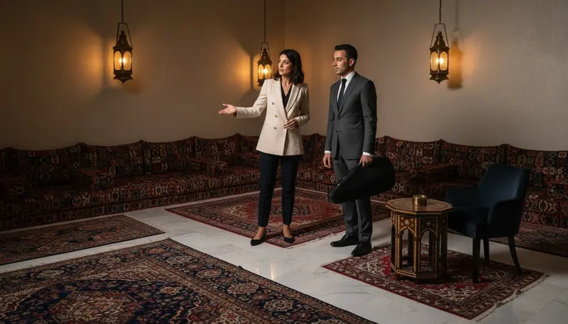 Event planner and oud player agreeing the music spot in a villa majlis in Dubai before guests arrive