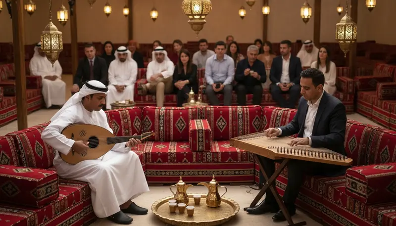 Oud and qanun duo playing seated side by side in a lantern lit majlis in Dubai