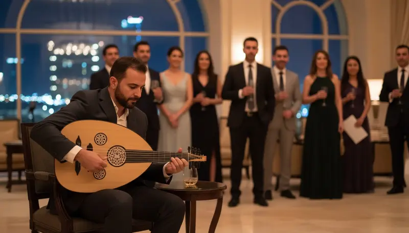 Oud player in a dark suit playing a traditional oud for guests at an evening reception in a Dubai hotel