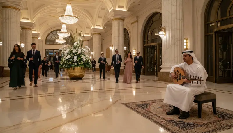 Oud player in a grand Dubai hotel lobby playing for business guests arriving at an evening event
