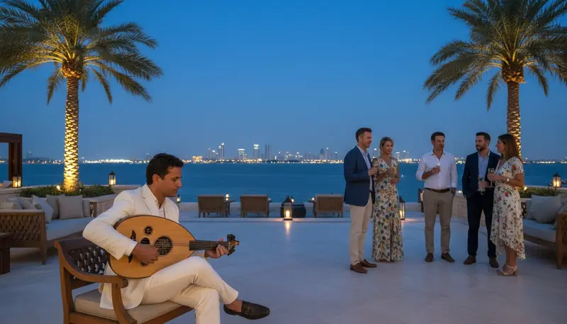 Oud player on a seaside hotel terrace in Abu Dhabi at blue hour with guests listening