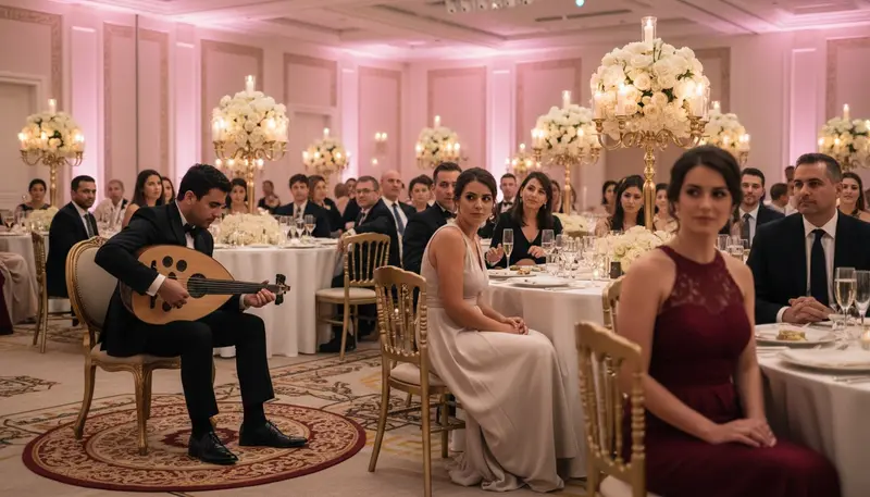 Oud player performing beside the dinner tables at a wedding reception in a Dubai ballroom