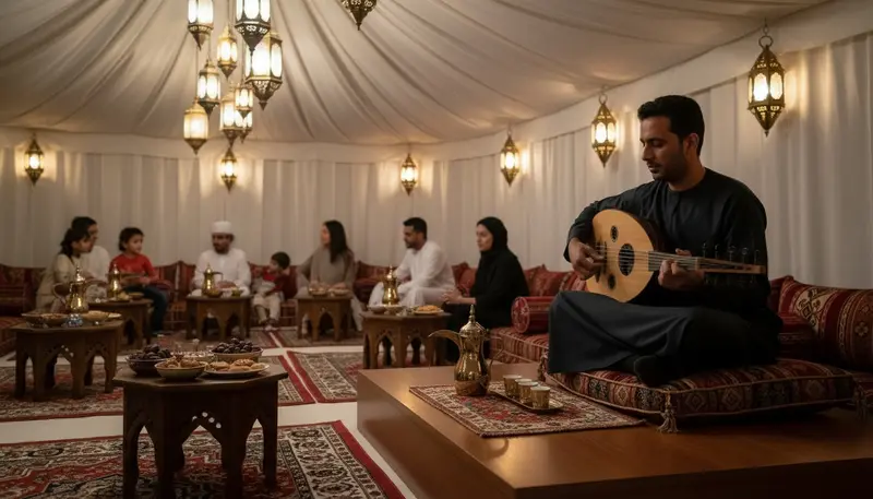 Oud player performing softly in a lantern lit Ramadan iftar tent in Dubai after the meal
