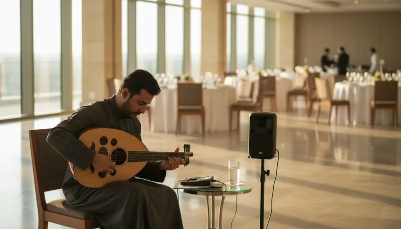 Oud player tuning his oud beside a small speaker and microphone before an event in Dubai