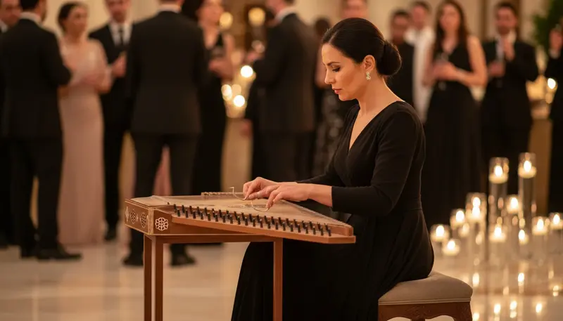 Qanun player plucking the strings of a qanun laid flat on a stand at an elegant evening event in Dubai